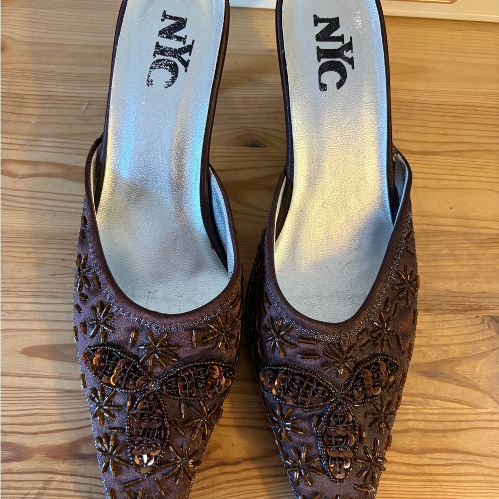 NYC Women's Brown Beaded Pointed Toe Mules Size 8